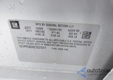 2012 Chevrolet Cruze 1Lt from USA, damaged, VIN 1G1PF5SC6C7227571